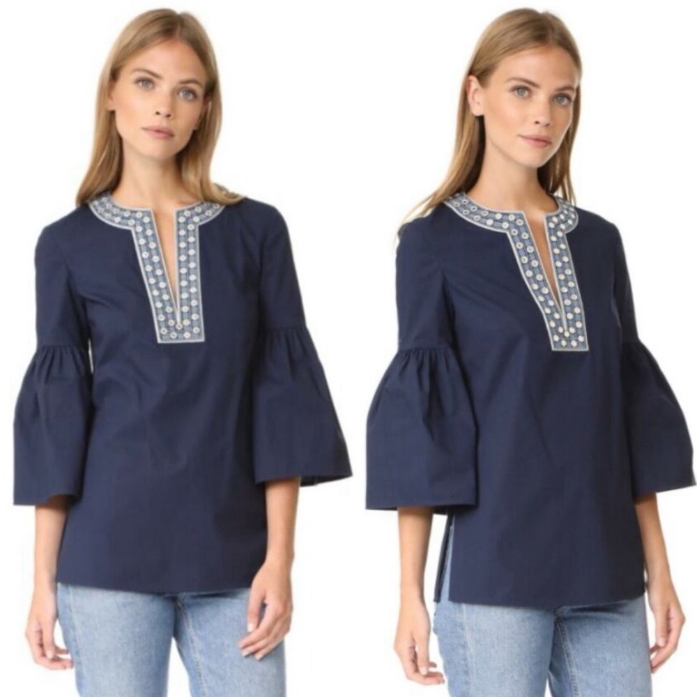 Tory Burch Ariana Navy Blue Mirrored Cotton Tunic Top Bell Sleeves Size 2